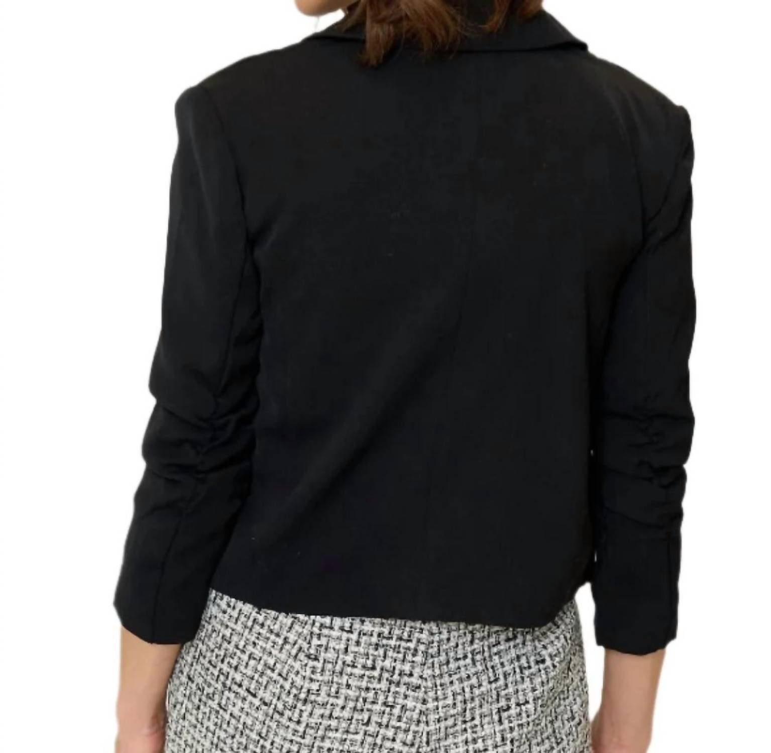 Central Park West Olive Cropped Scrunch Sleeve Blazer in black - women's jacket - detail view