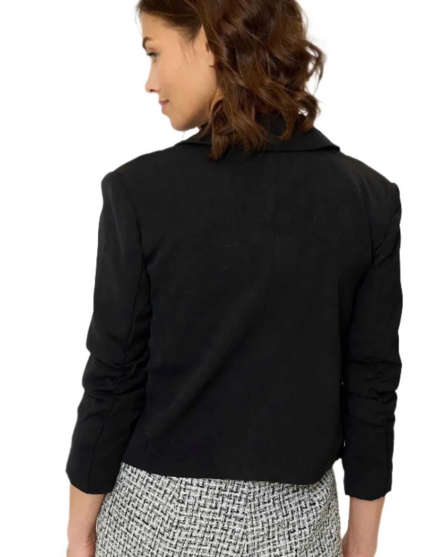 Central Park West Olive Cropped Scrunch Sleeve Blazer in black - women's jacket - alternate view