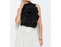 Ina Fashion - Floral Applique Pleated High-Neck Top