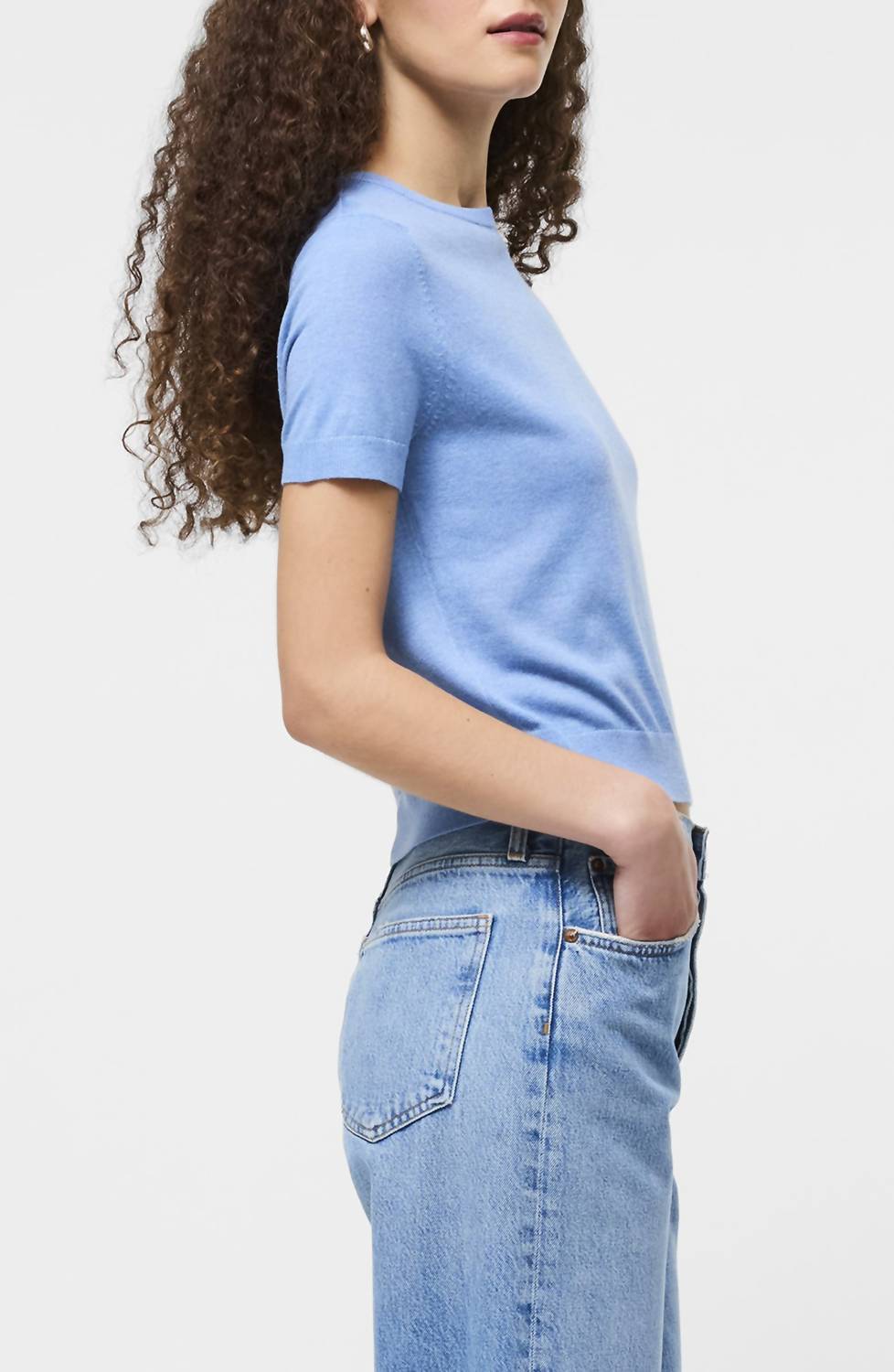 FRENCH CONNECTION Nola Fine Knit Short Sleeve Top in thistle blue - women's sweater - alternate view