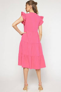 entro Ruffled Pocket Tiered Midi Dress in hot pink - women's dress - alternate view