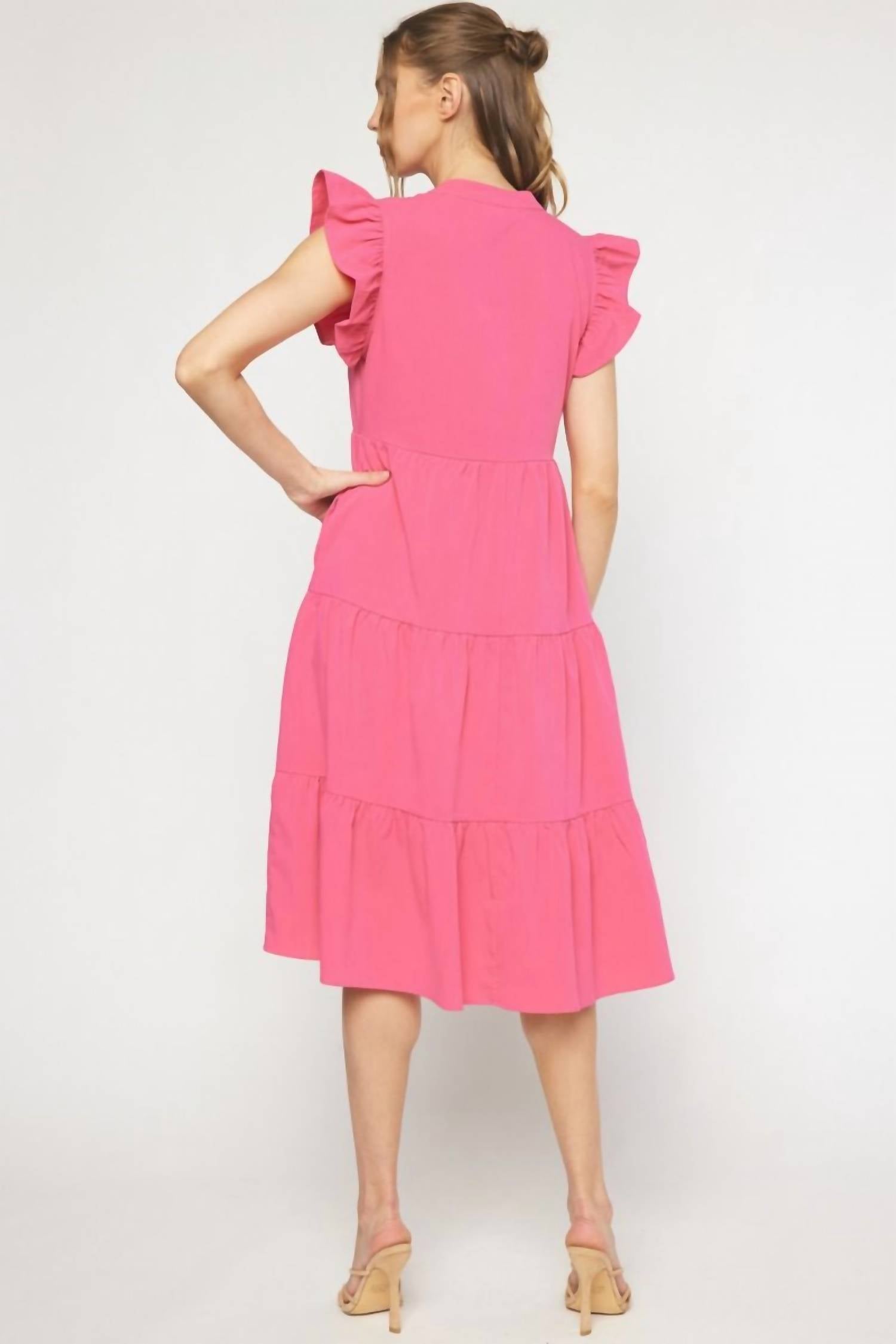 entro Ruffled Pocket Tiered Midi Dress in hot pink - women's dress - alternate view