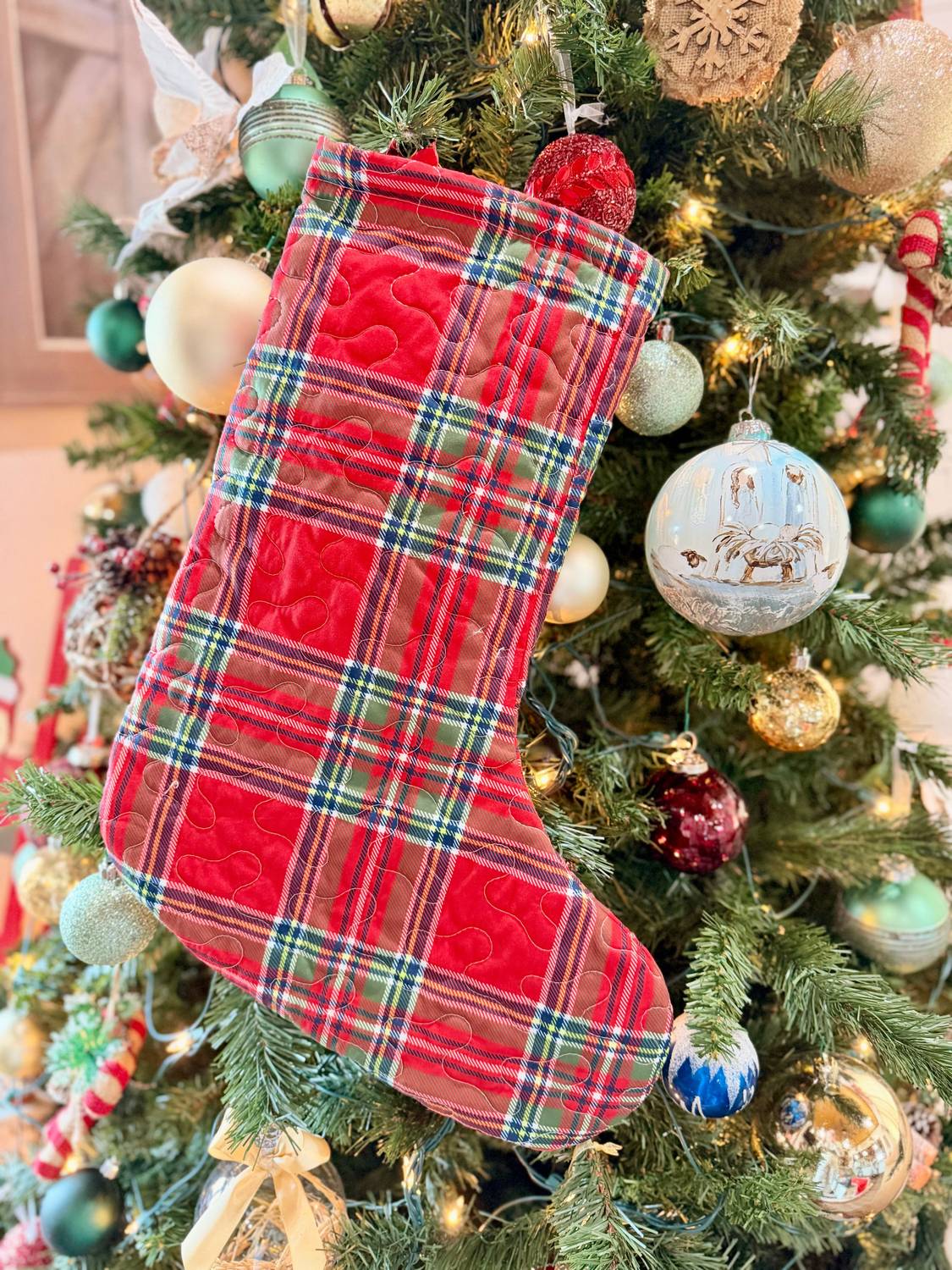 Ida Mae Home Carrie Plaid Floral Quilted Stocking in red - item - detail view