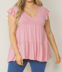 entro Tiered Ruffle Babydoll Top in baby pink - women's shirt