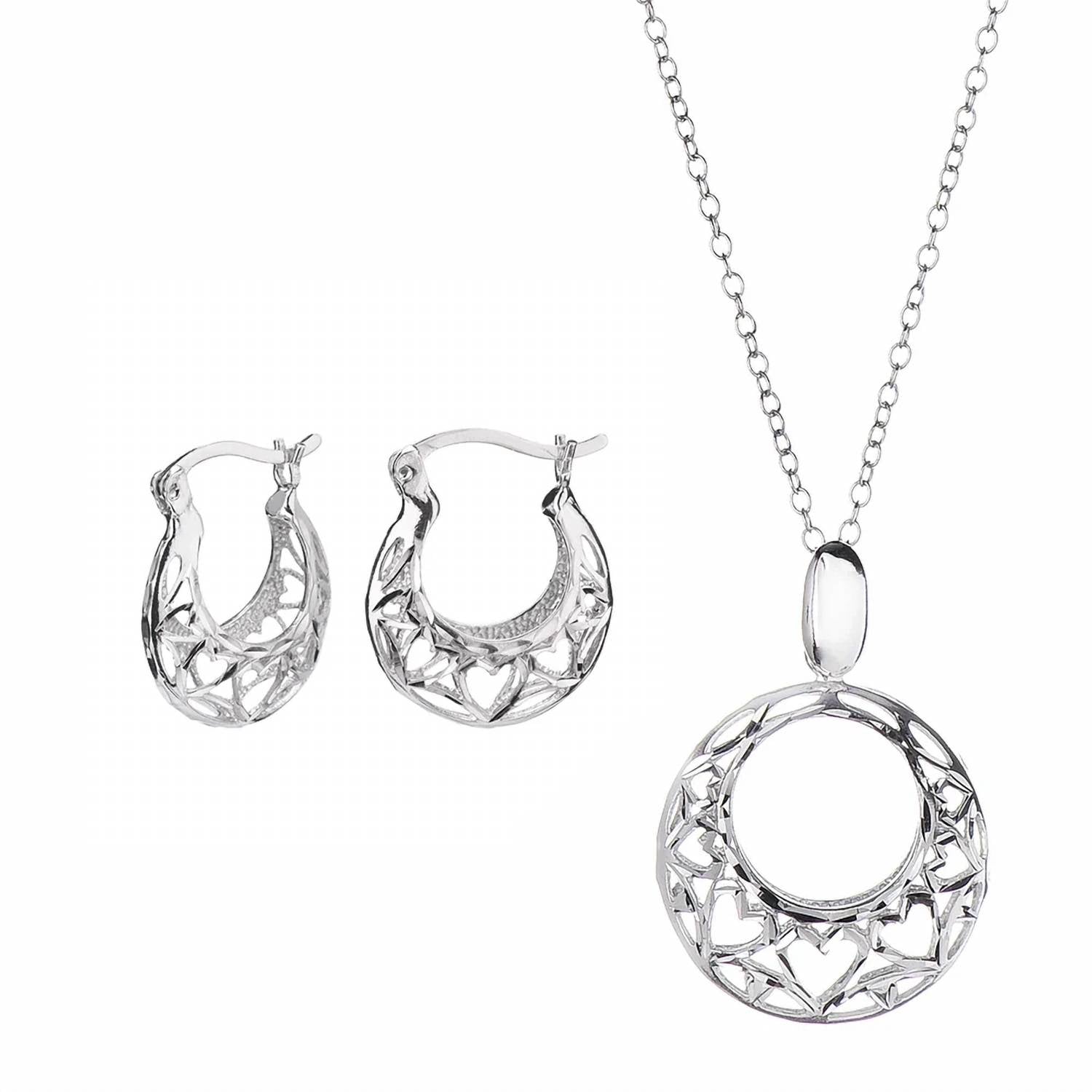 Gold & Honey - Women's Heart Filigree Hoop Earrings And Pendant Necklace Set