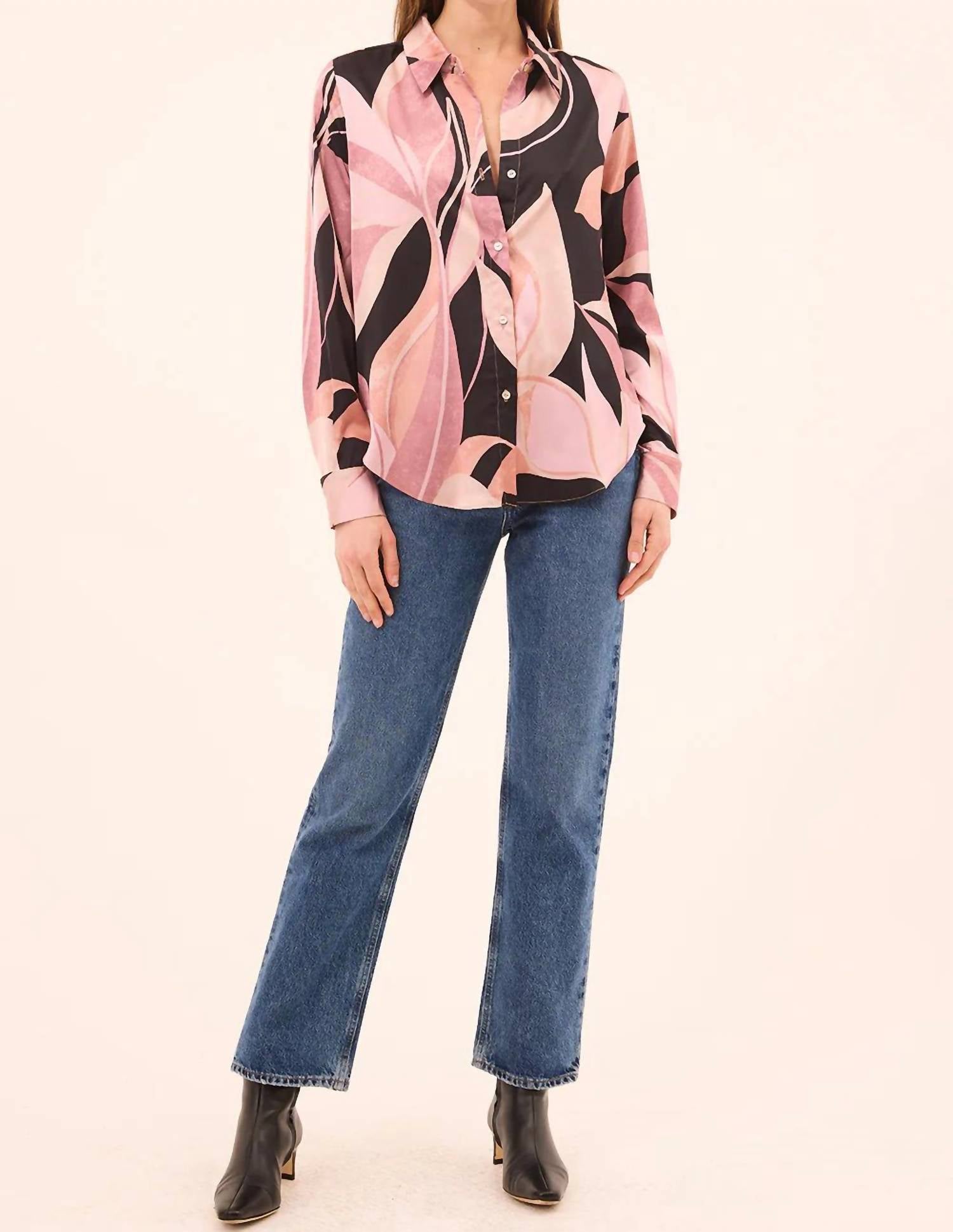Misa Los Angeles Celine Top in moody abstract flora satin - women's shirt - detail view