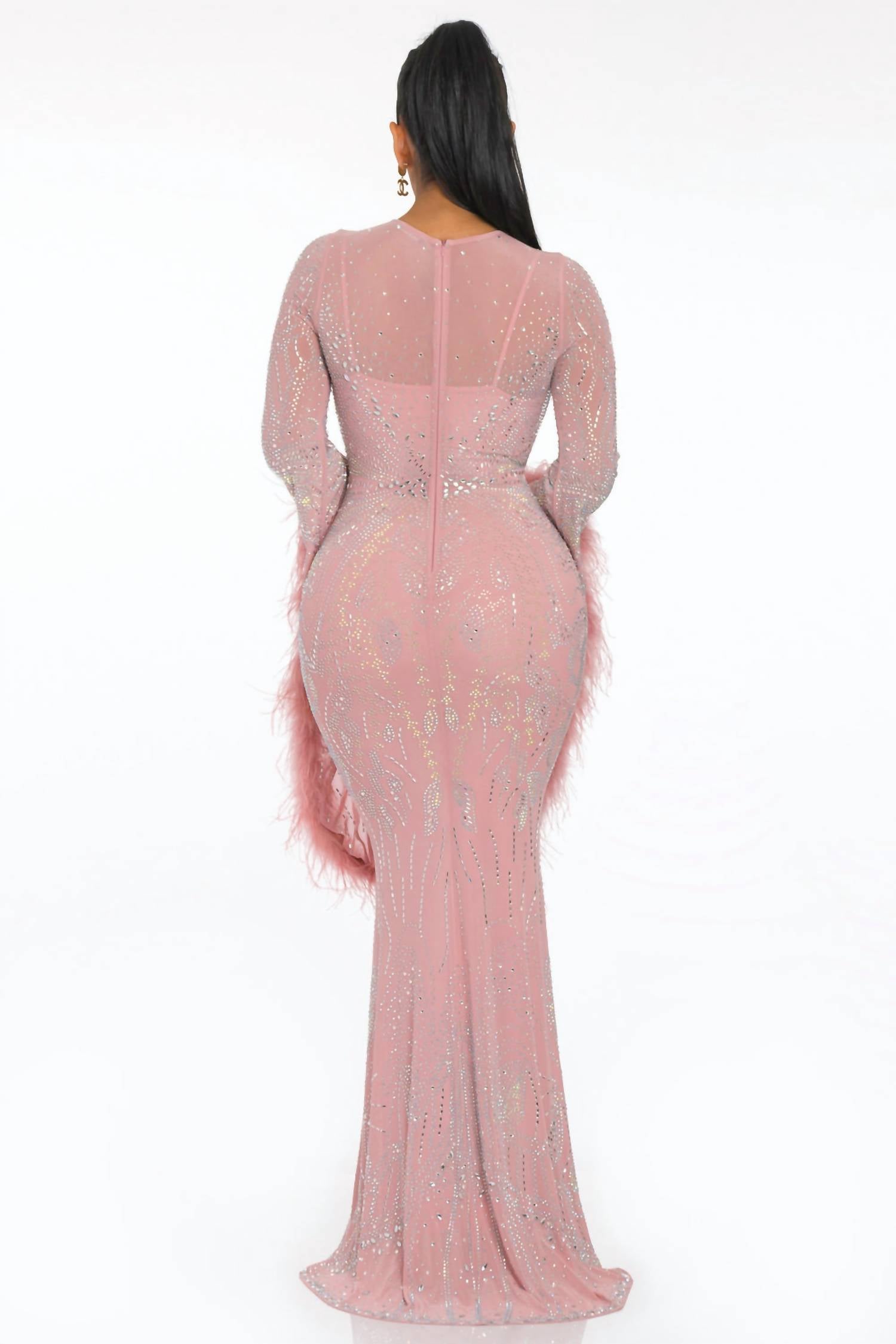 Banjul - Zsa Zsa Gabor Goddess Feather Bell Sleeve Bedazzled Maxi Gown Dress