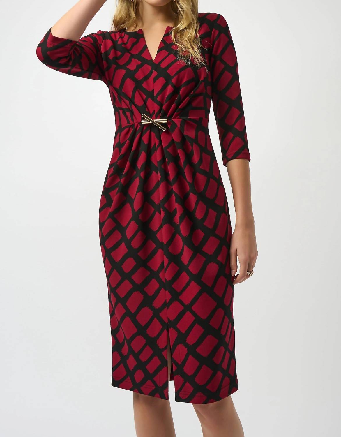 Joseph Ribkoff Geometric Ruched Sheath Dress in black red - women's dress - detail view