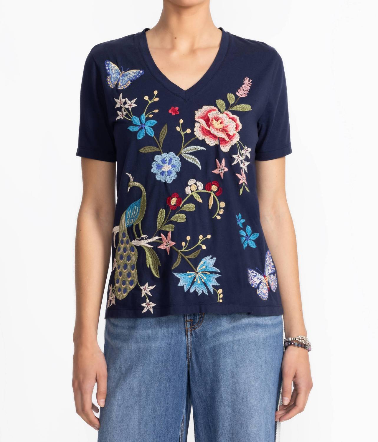 Johnny Was NICOLETTE V‑NECK SHORT SLEEVE TEE in blue night - women's t-shirt