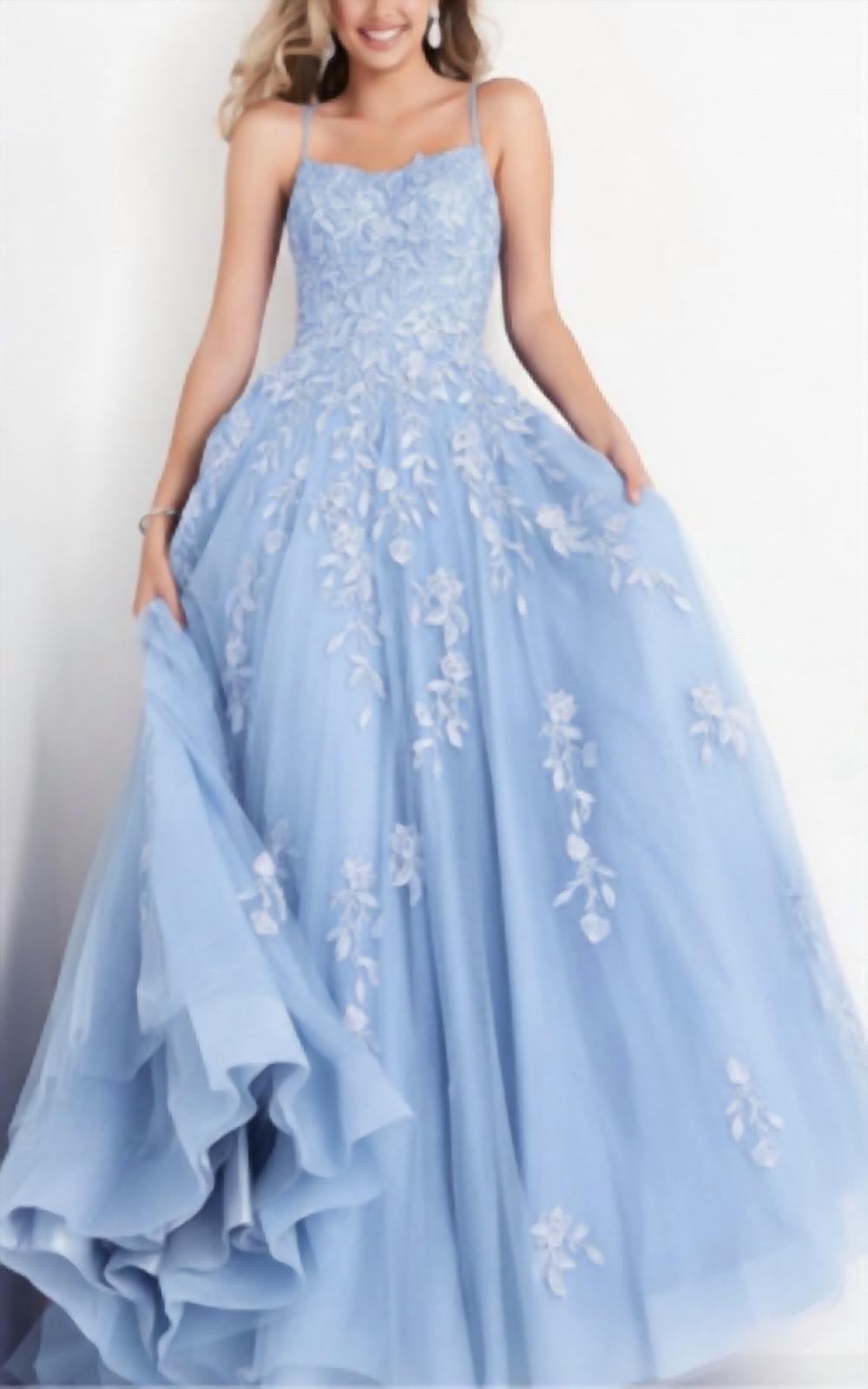 JOVANI Spaghetti Strap Embroidered Prom Gown in light blue - women's dress