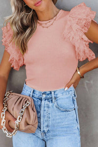 Lovesoft - Dotty Mesh Ruffle Sleeve Ribbed Knit Top