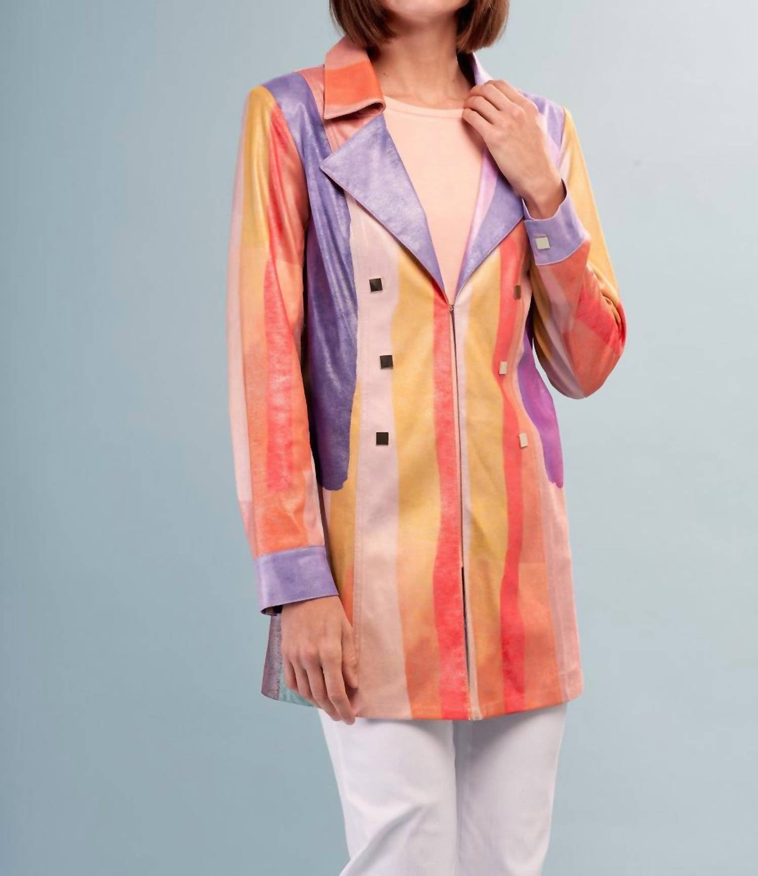Insight Lina Liquid Shades Of Color Metallic Vegan Leather Long Jacket in multi - women's jacket - detail view