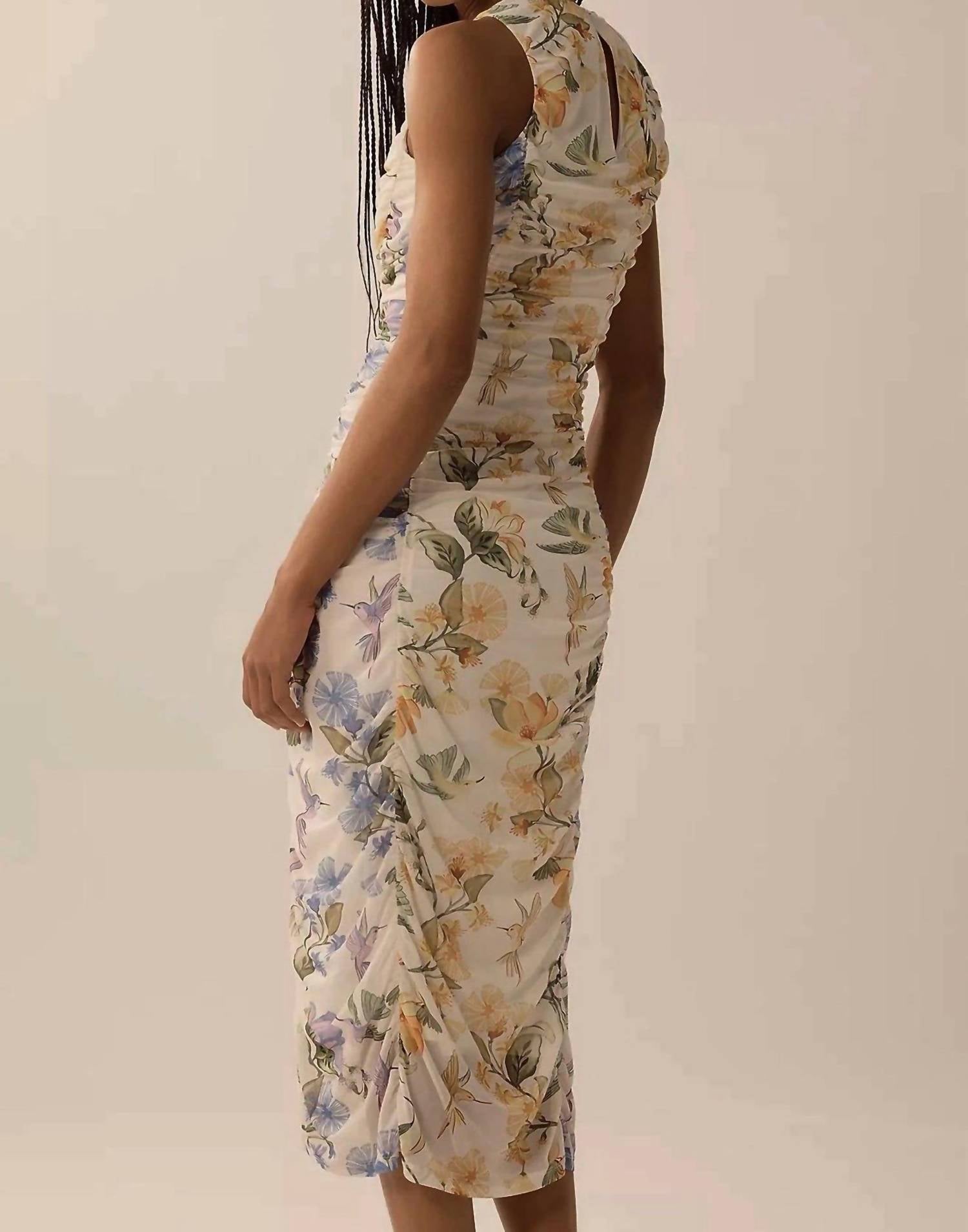 FARM RIO Hummingbird Garden Floral Ruched Midi Dress in cream - women's dress - alternate view