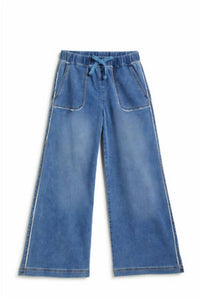 tractr Girl's Cozy Drawstring Wide Leg With Fray Hem Jeans in medium indigo - kids' jeans