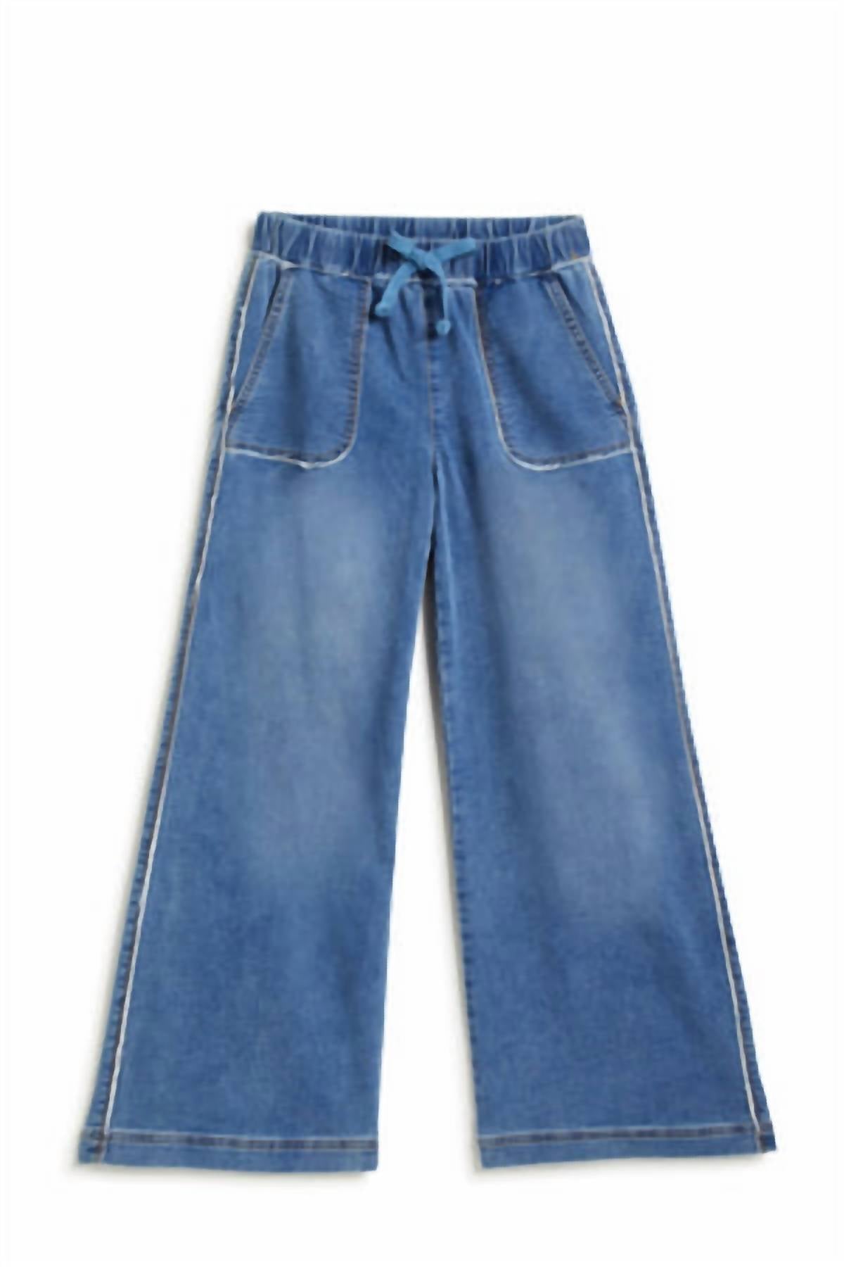 tractr Girl's Cozy Drawstring Wide Leg With Fray Hem Jeans in medium indigo - kids' jeans