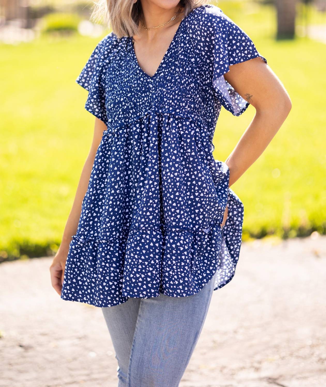 Davi & Dani - Heart Print Babydoll Tunic Top