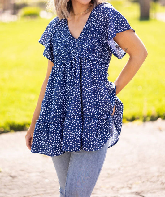 Davi & Dani - Heart Print Babydoll Tunic Top