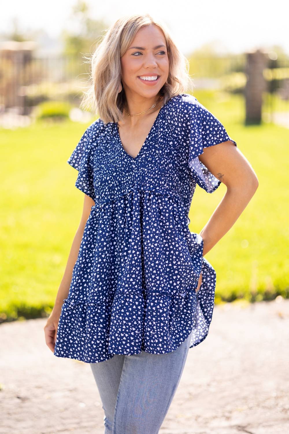 Davi & Dani - Heart Print Babydoll Tunic Top