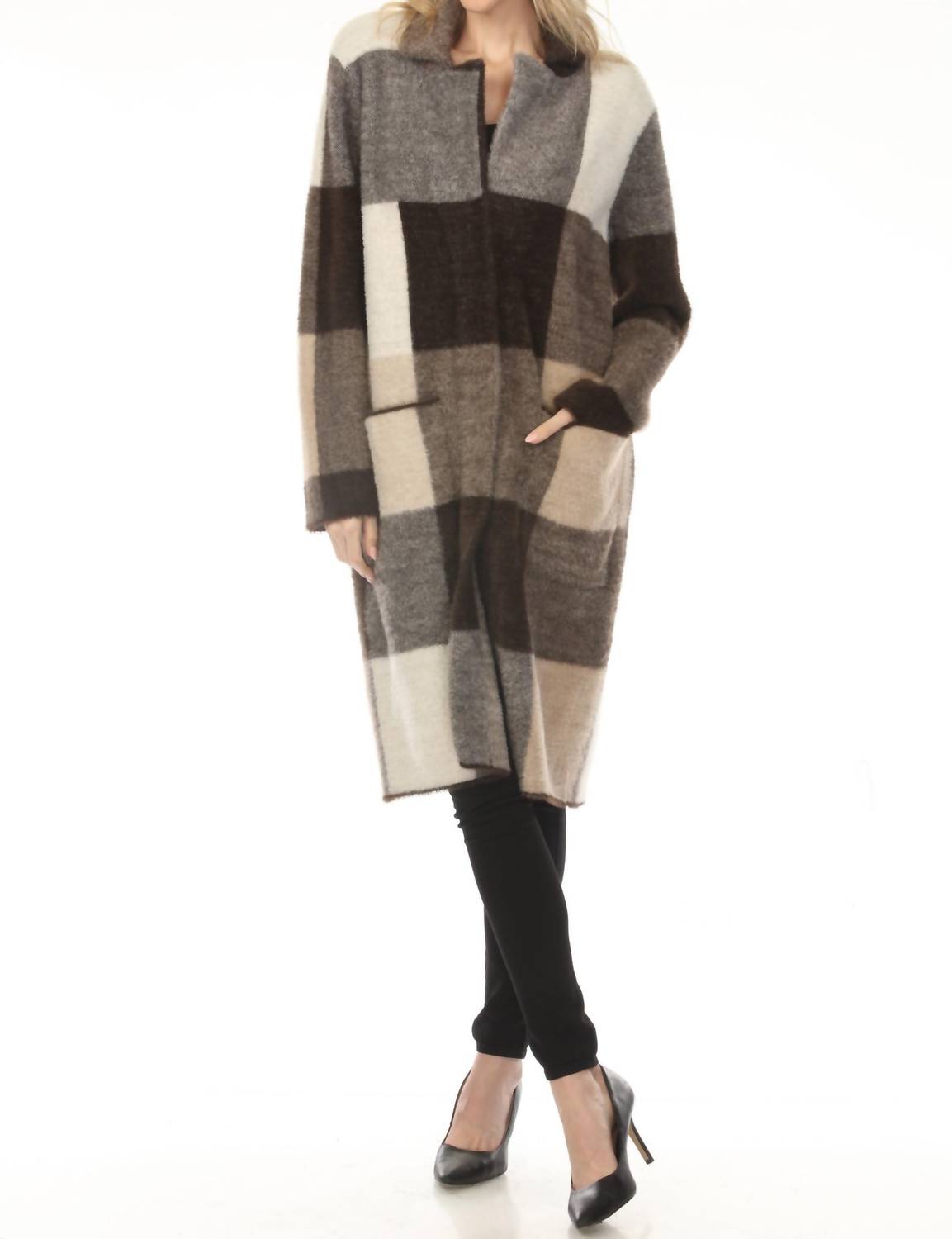 Joseph Ribkoff Checkered Feather Yarn Coat in mocha multi 1 - women's jacket - view 6