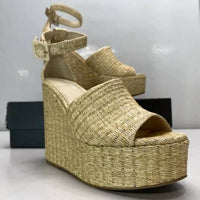 Larroude Women's Raffia Wedge Sandals in sepia - women's sandal - detail view