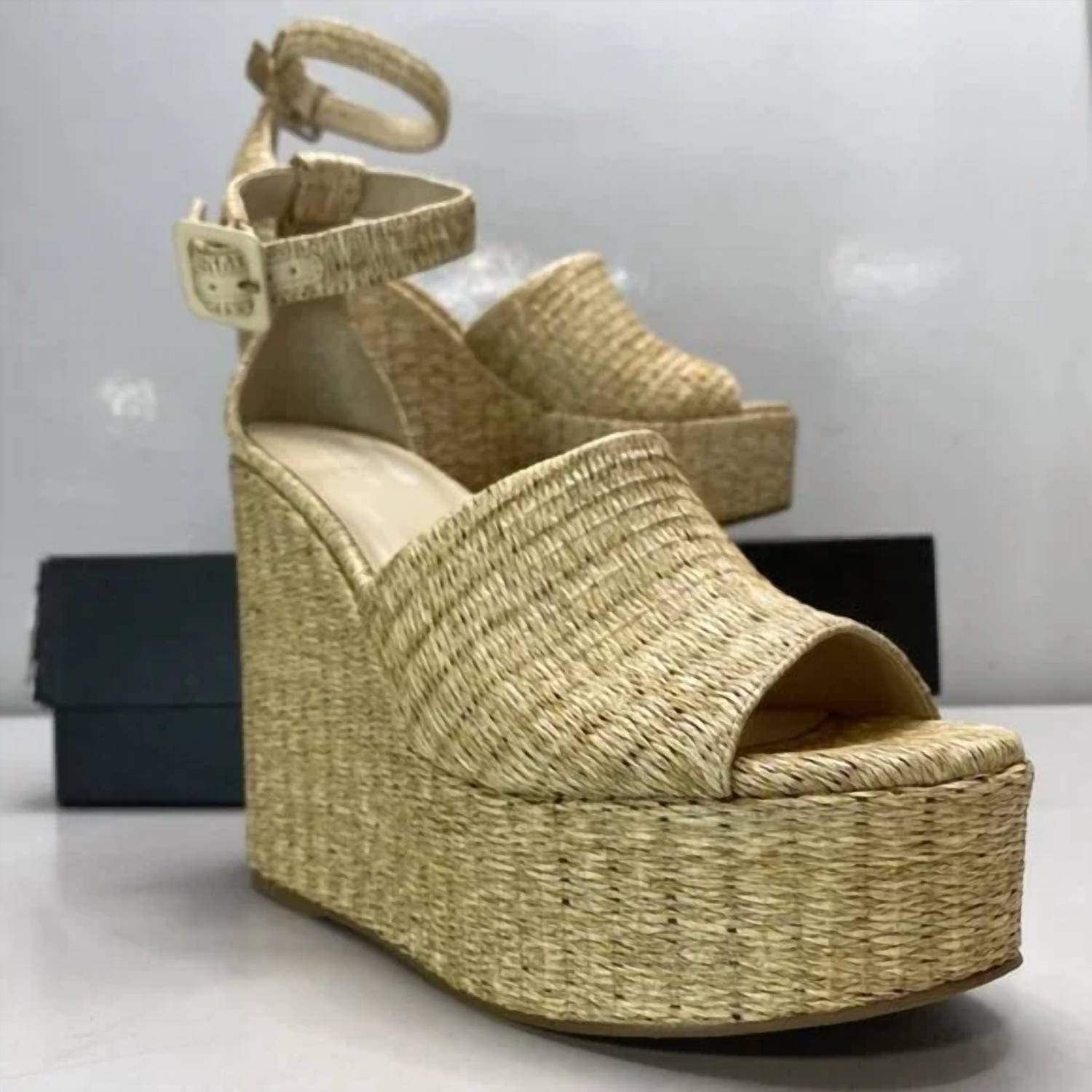 Larroude Women's Raffia Wedge Sandals in sepia - women's sandal - detail view