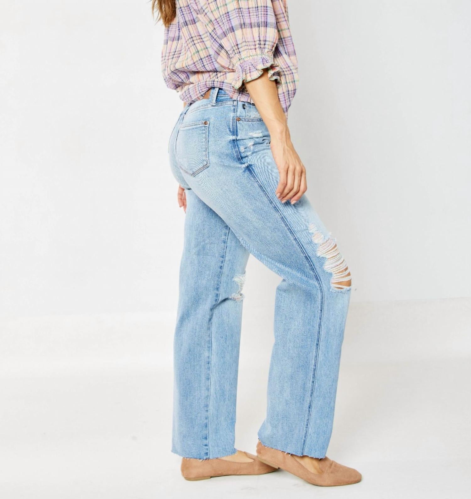 Judy Blue High Waisted Rigid Magic 90's Destroy Straight Jeans in medium blue - women's jeans - view 4