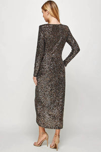 See And Be Seen - Long Sleeve Sequin Faux Wrap Dress