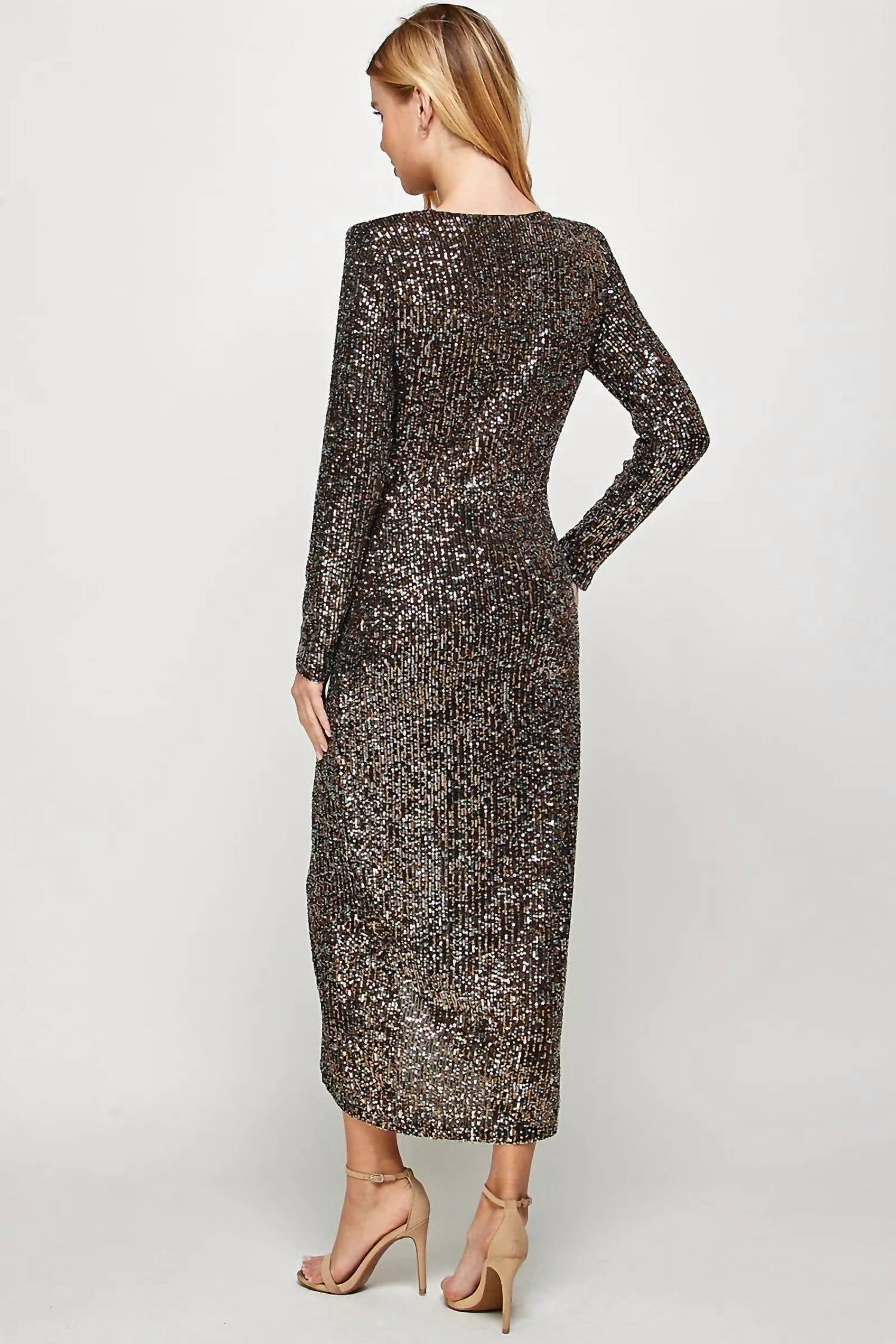 See And Be Seen - Long Sleeve Sequin Faux Wrap Dress