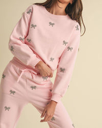 ENDLESS BLU. Jewel Bow Cotton Pullover Sweater in baby pink - women's sweater