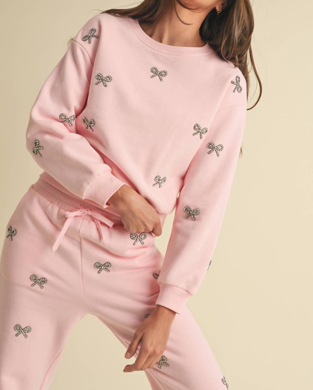 ENDLESS BLU. Jewel Bow Cotton Pullover Sweater in baby pink - women's sweater