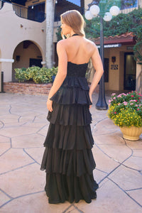 Primavera - Slit Halter Neck Beaded Ruffle Gown