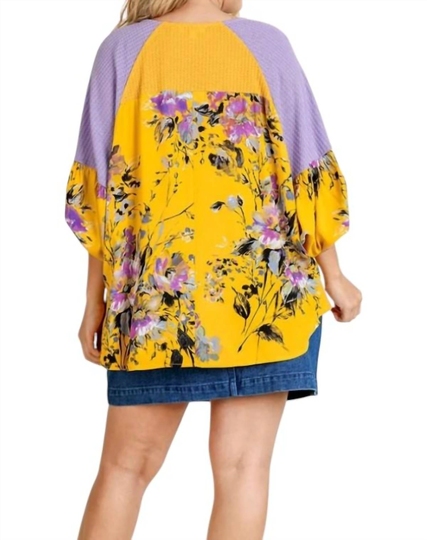 Umgee - Floral Split Sleeve Color Block Top