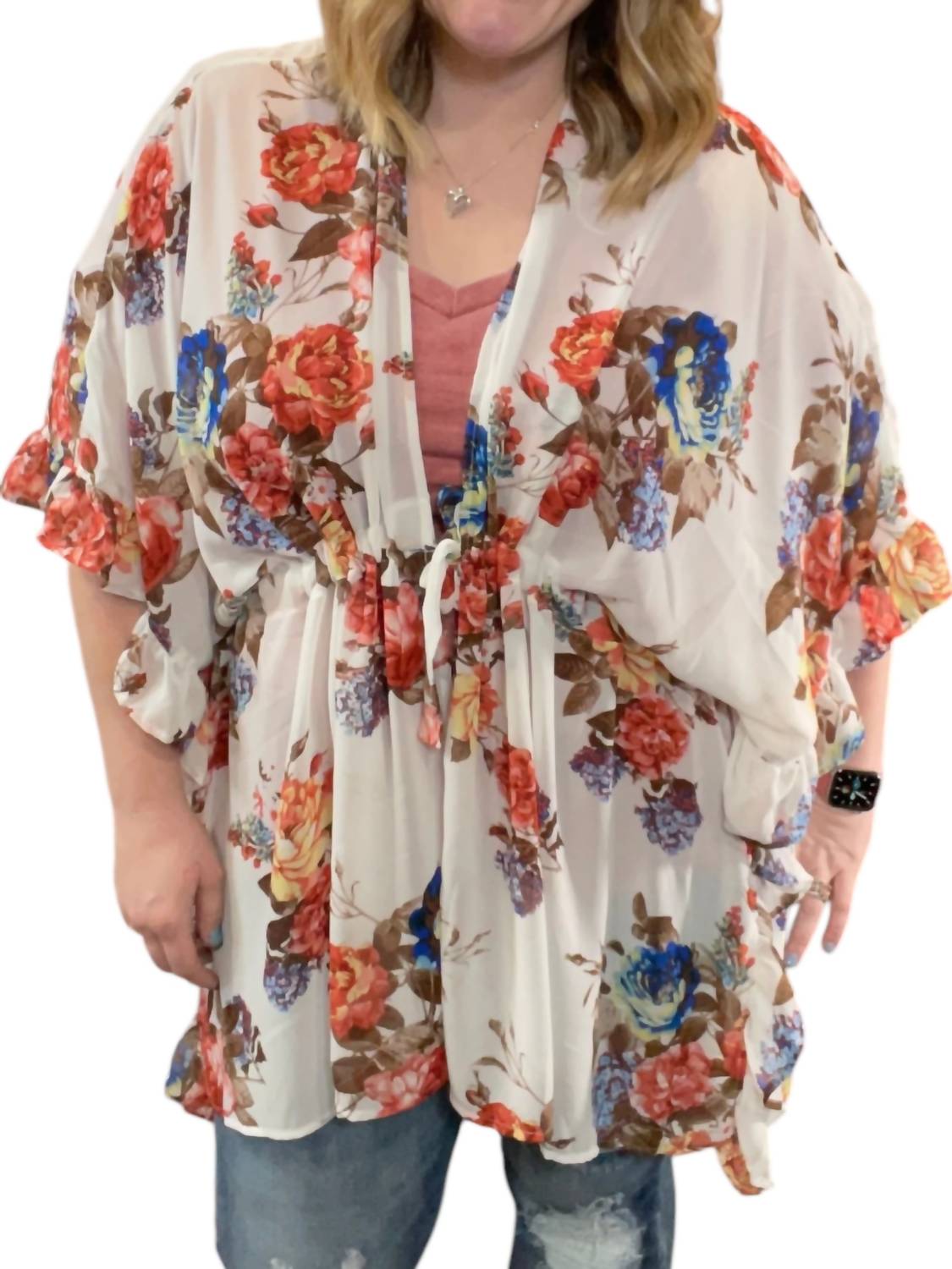 White Birch - Floral With Drawstring Waist Cardigan