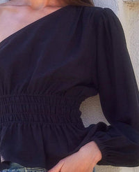 Fifteen Twenty One Shoulder Peplum Top in black - women's blouse - detail view