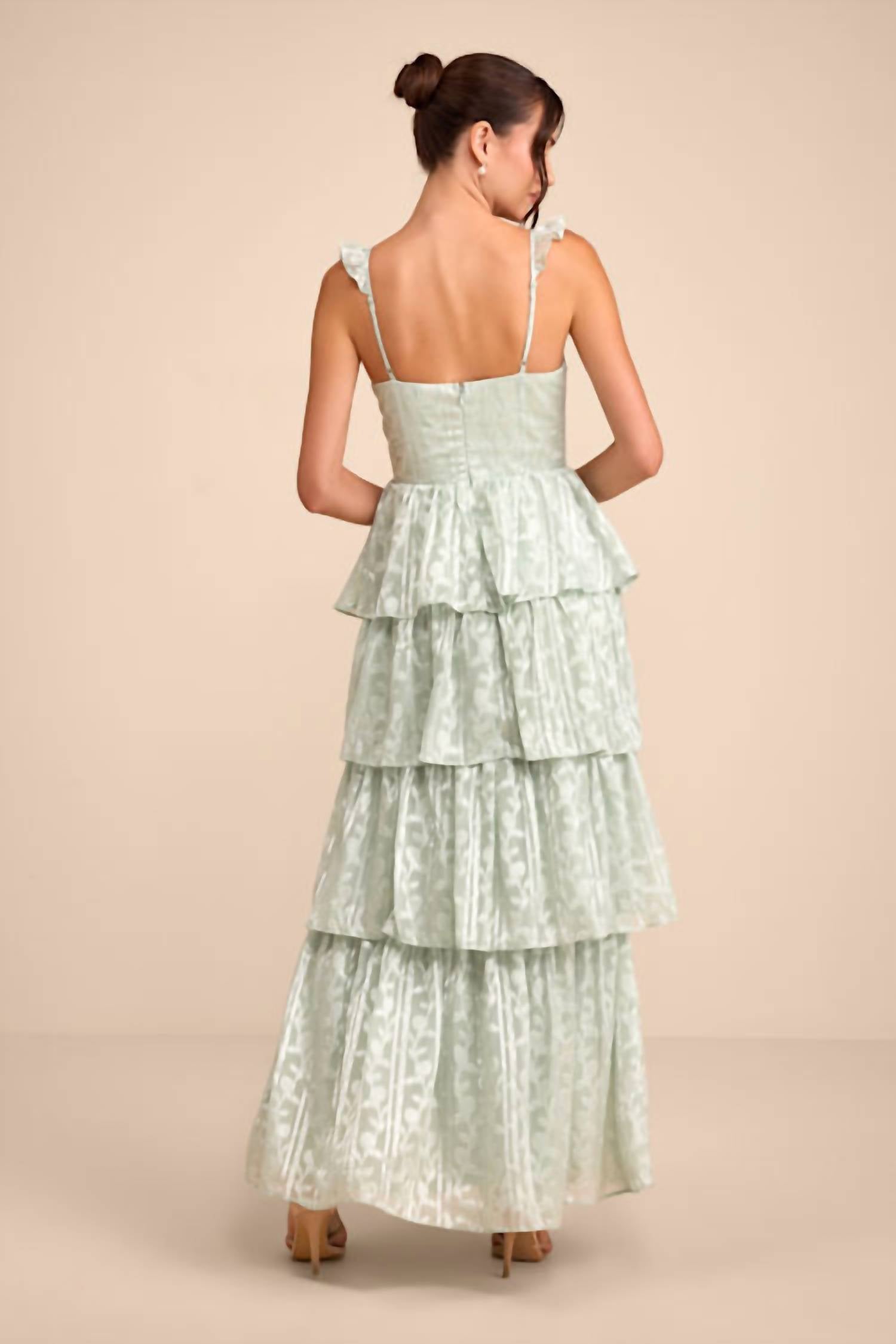 Lulus Women's Stunning Glory Floral Jacquard Tiered Maxi Dress in sage green - women's dress - detail view