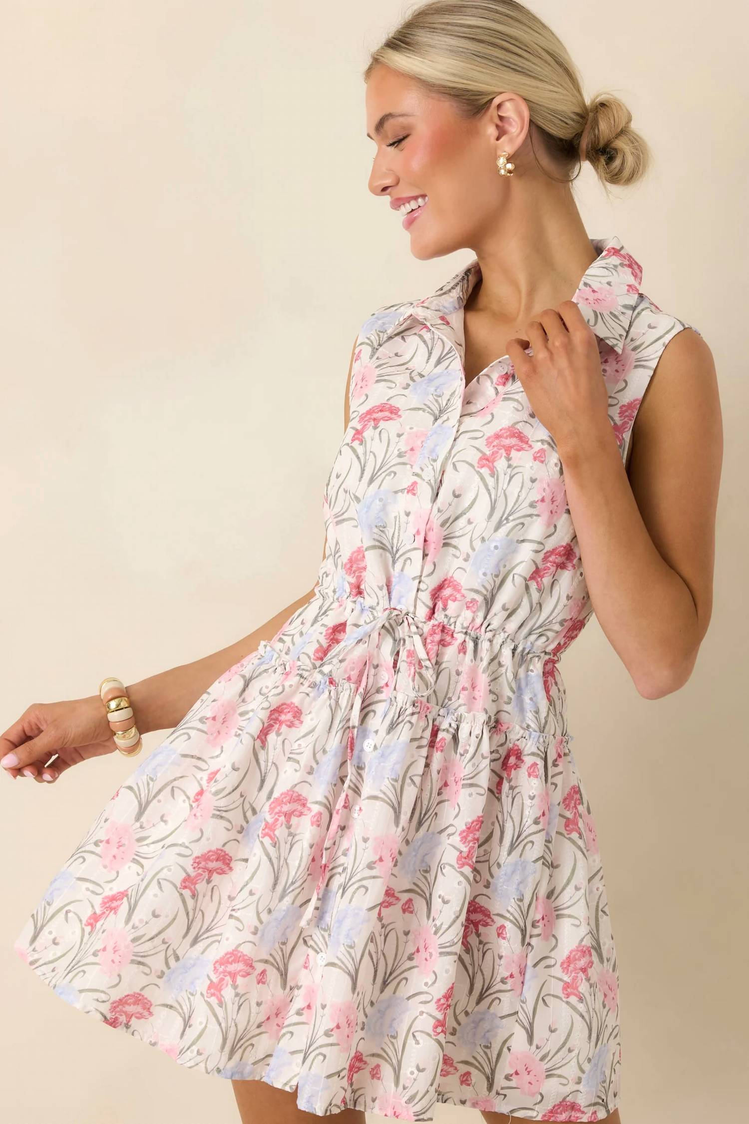 B.Right - Evianna Embroidered Floral Print Collared Fit And Flare Mini Dress