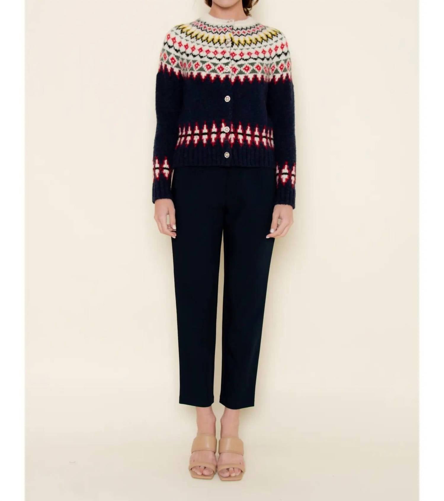 Fore Collection Fair Isle Knit Sweater Cardigan in black multi - women's sweater
