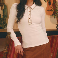 Hem & Thread Contrast Stitch Rib Top in off white - women's long sleeve top