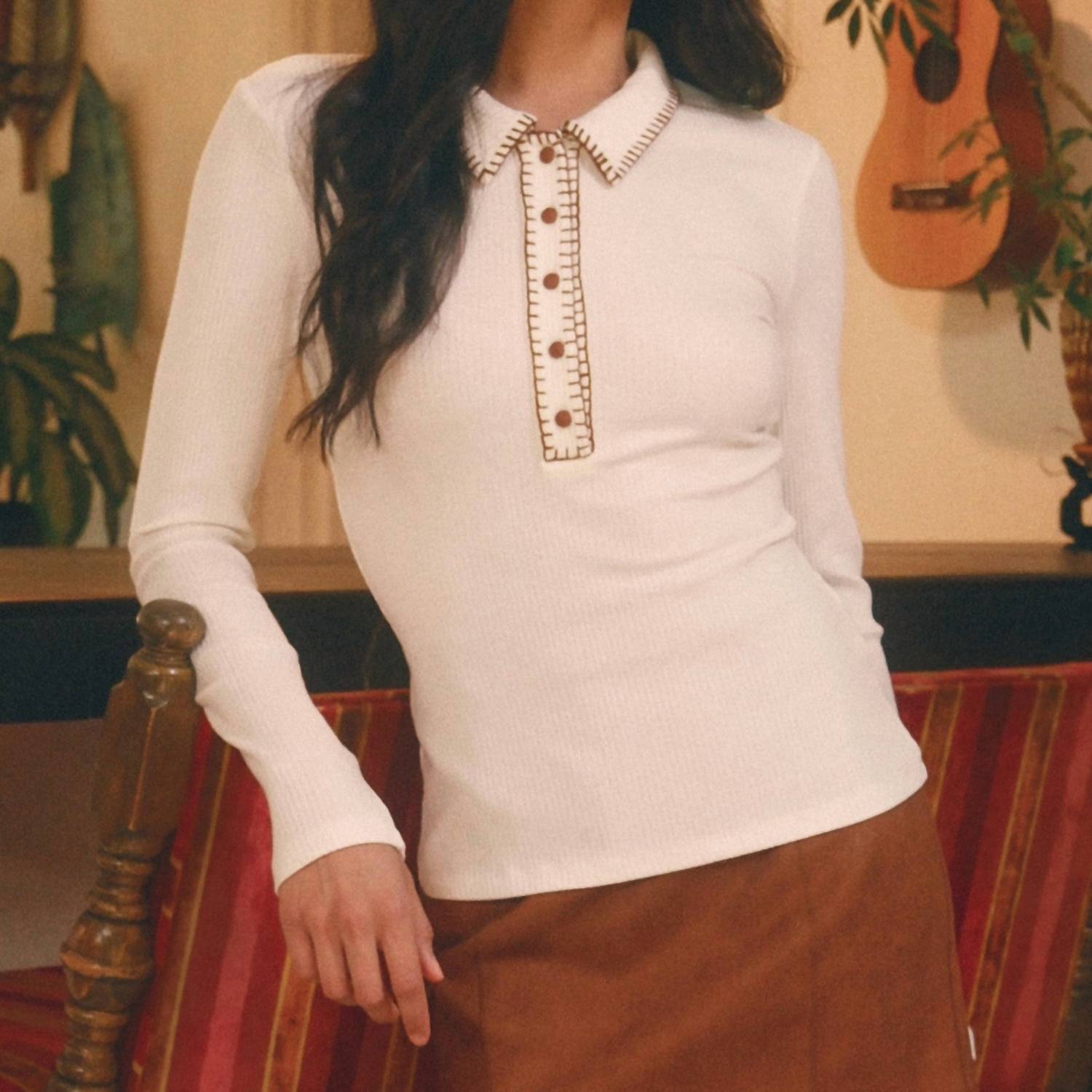 Hem & Thread Contrast Stitch Rib Top in off white - women's long sleeve top