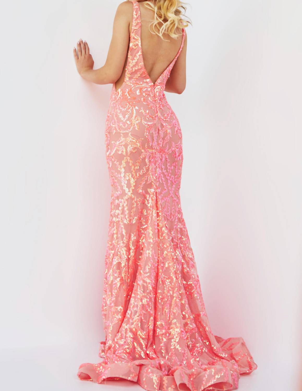 JOVANI Plunging V-neck Sequin Embellished Gown in iridescent coral - women's dress - alternate view