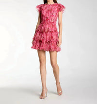 MAC DUGGAL Floral High Neck Cap Sleeve Ruffle Mini Dress in pink multi - women's dress