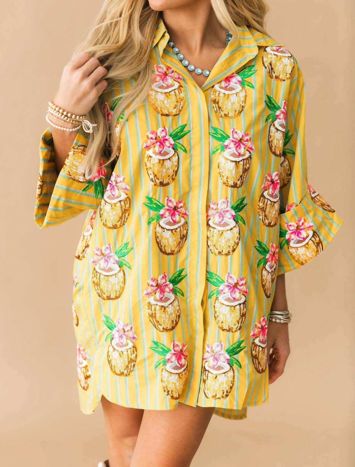 Queen Of Sparkles - Coconut Drink Button Up Cotton Tunic Dress