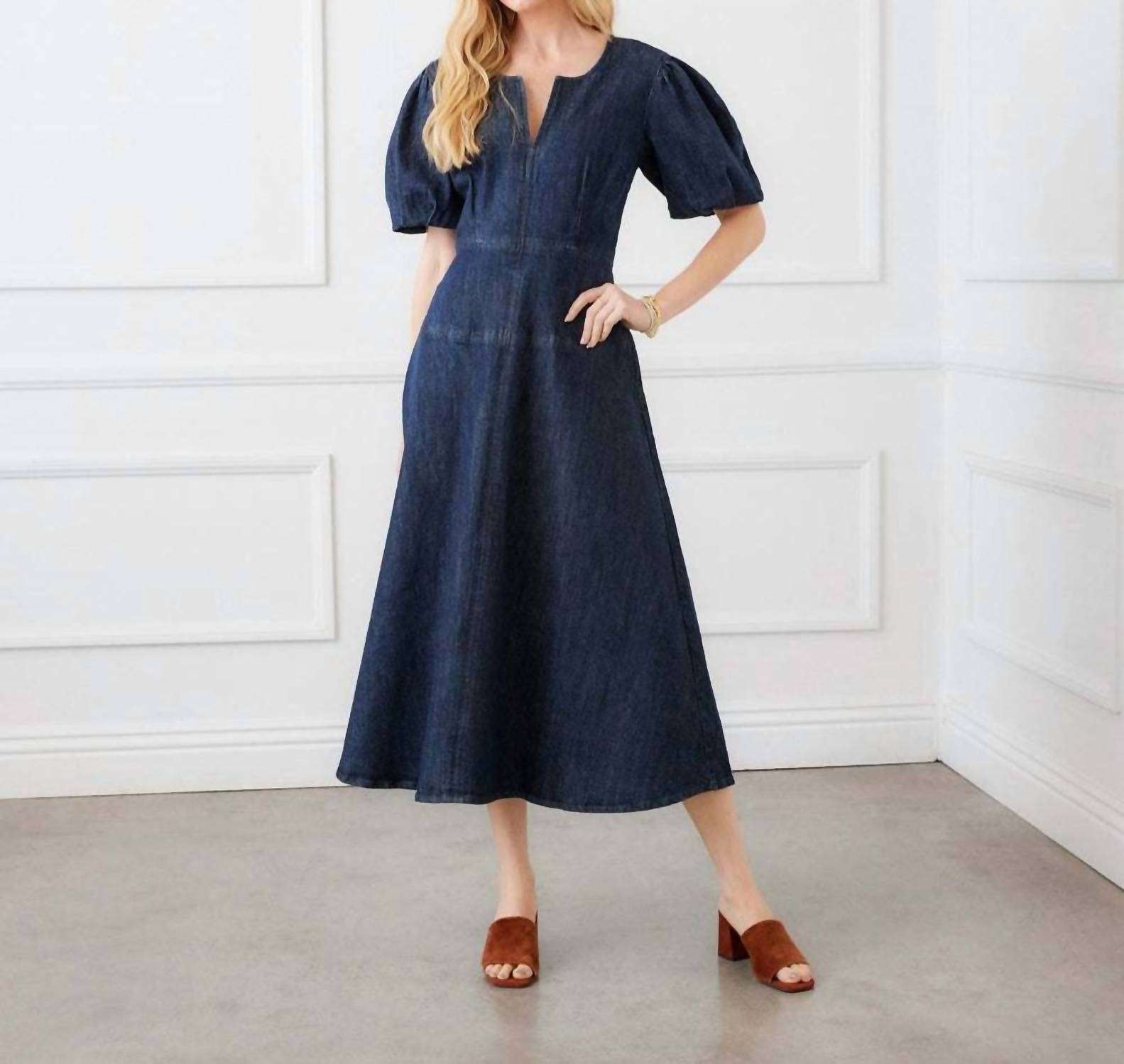 Karen Kane 1L78700 Puff Sleeve Midi Dress, Denim (M)