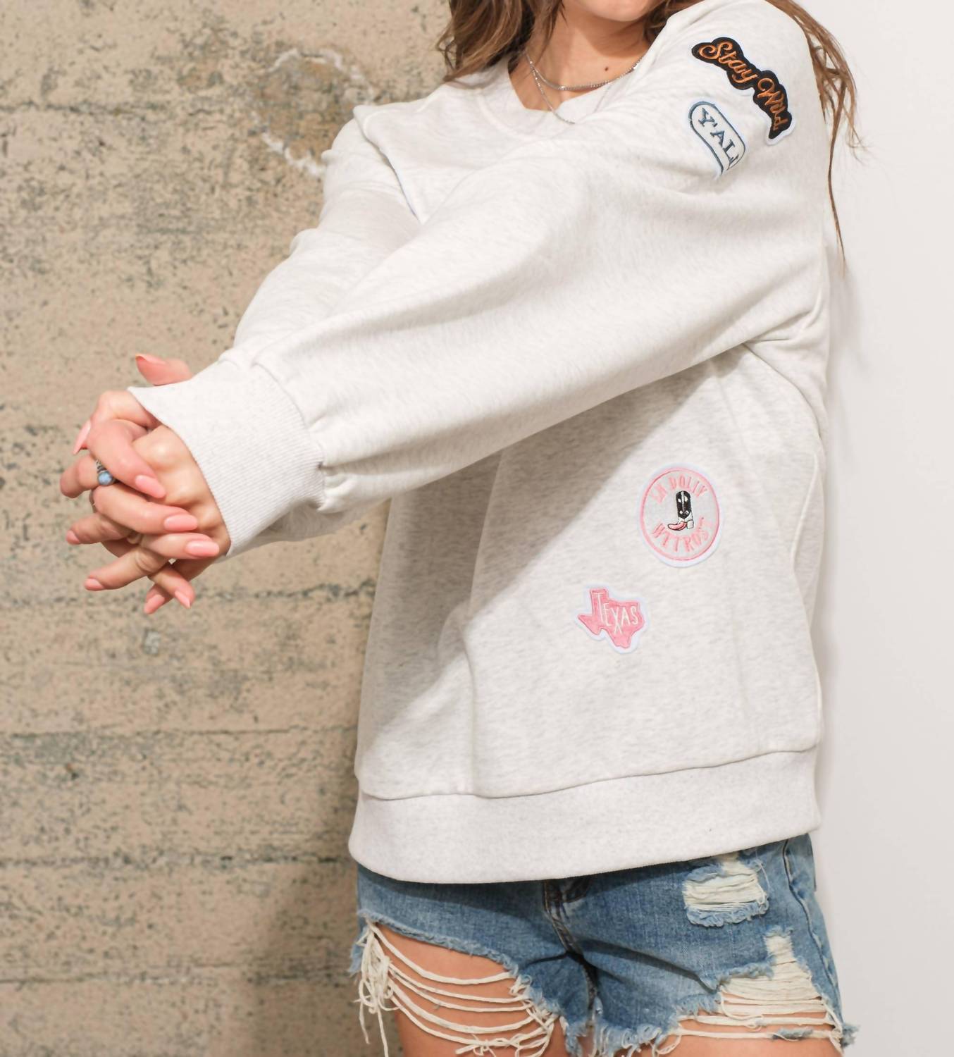 Blue B Western Patch Sweatshirt in oatmeal - women's top - alternate view