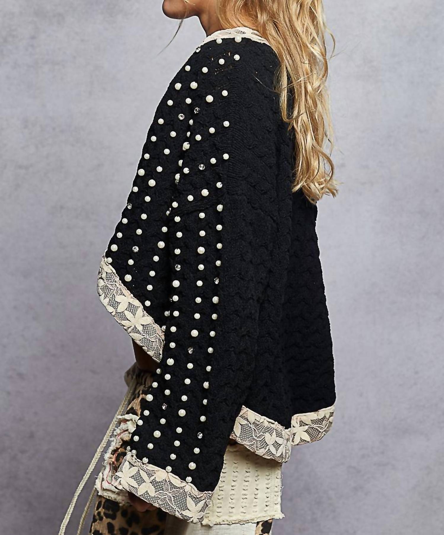 POL Chenille And Pearl Cardigan in black - women's cardigan - detail view