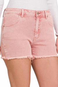 Zenana - Acid Washed Frayed Hem Mid Rise Shorts