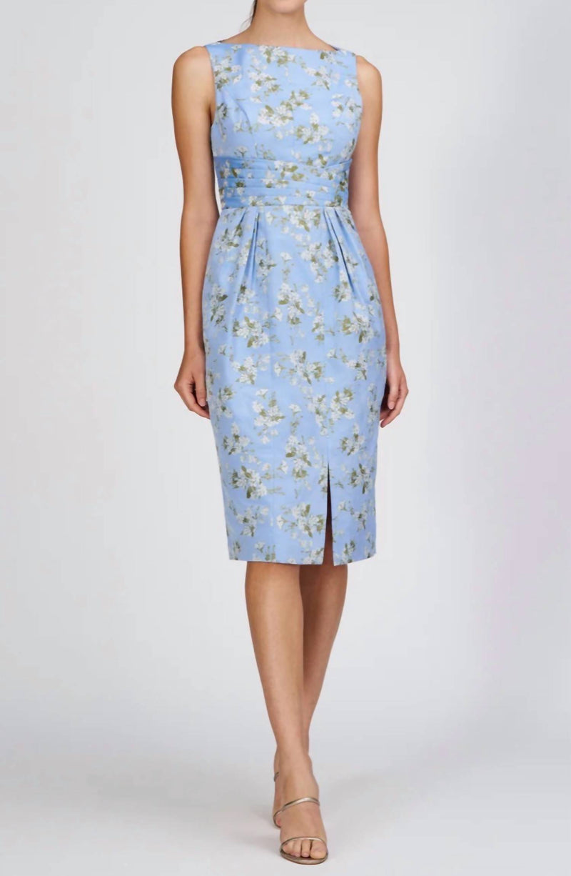 Kay Unger Ginny Floral Pleated Cocktail Dress - Blue Bird