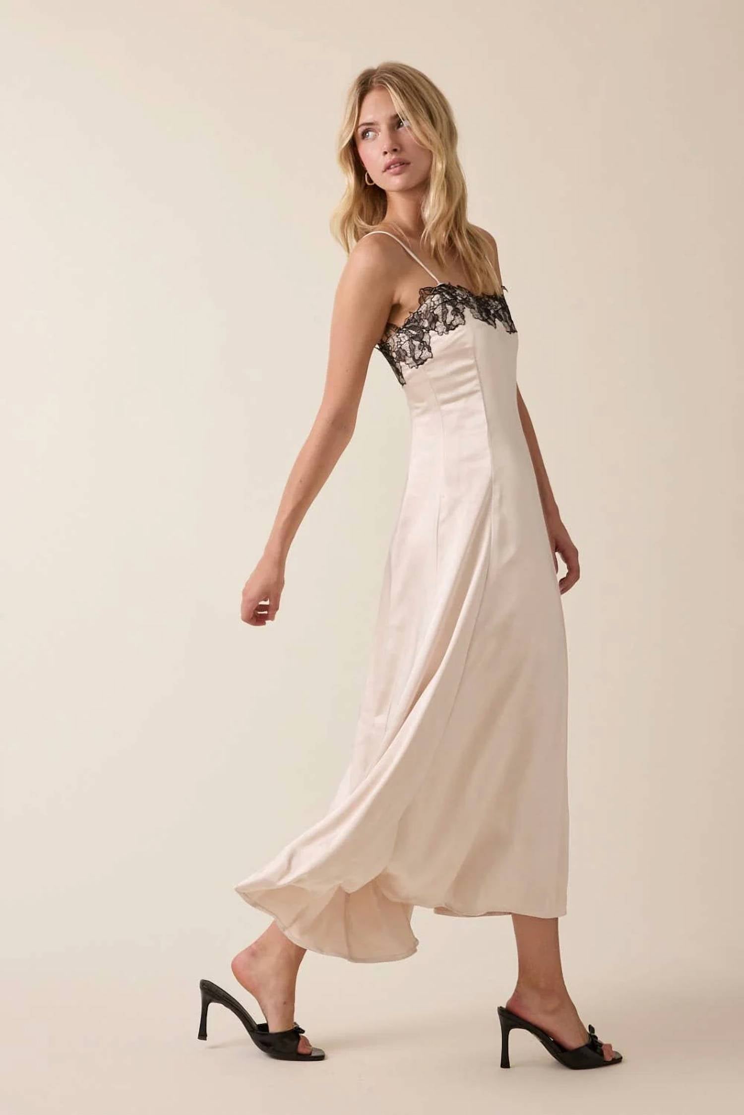 Sky To Moon - Satin Midi Dress With Lace Trim