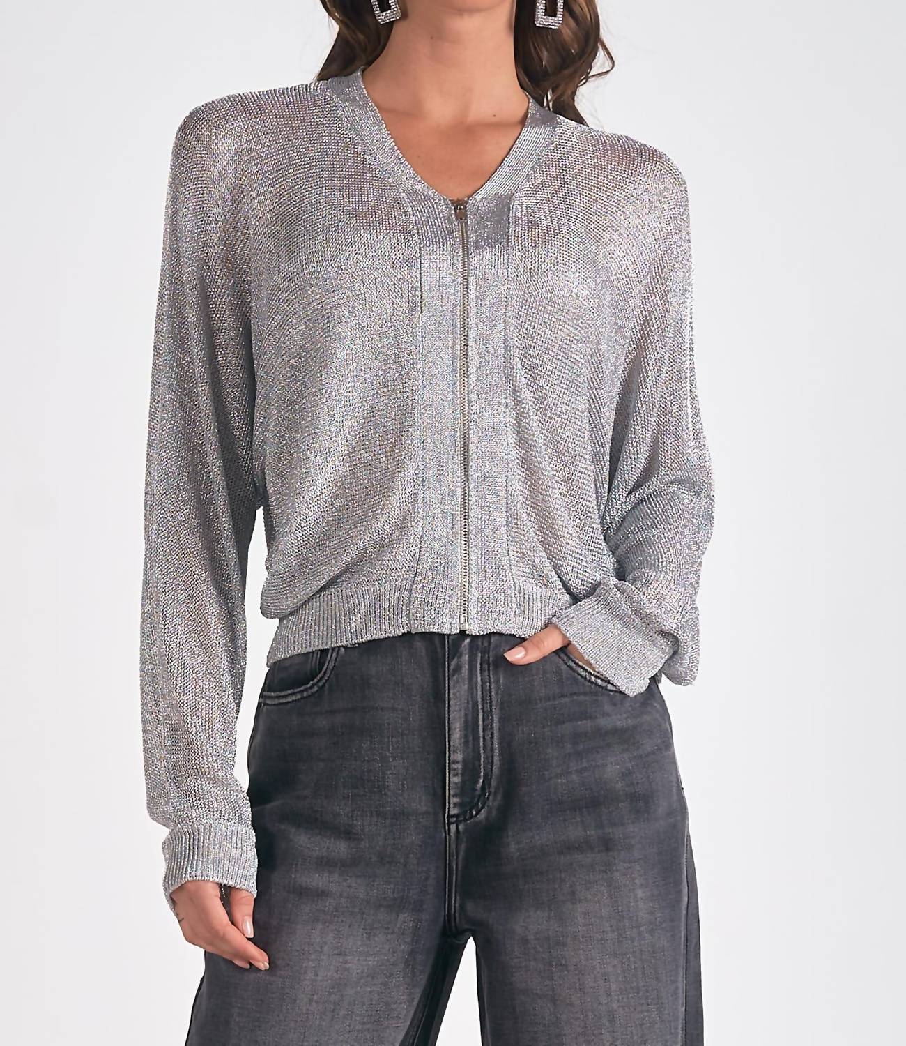 ELAN Metallic Zip Cardigan Sweater in silver - women's cardigan