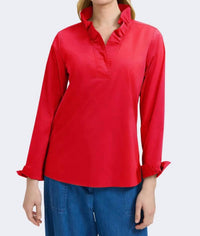 Foxcroft Tammy Ruffle Collar Top in red - women's long sleeve top